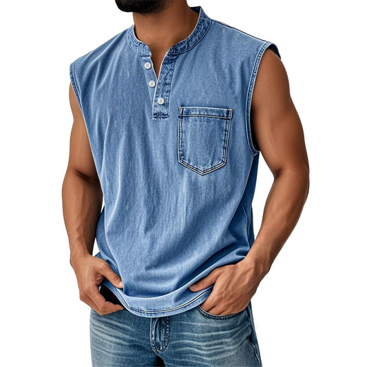 Camiseta Sin Mangas Efecto Denim con Bolsillo