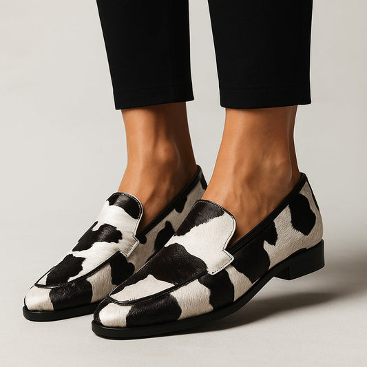 Candela | Mocasines Negros Estampado Animal Print Mujer Tacón Bloque