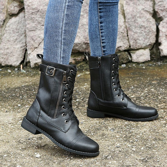 Consuelo | Botas Militares Planas Mujer con Cordones y Cremallera Lateral