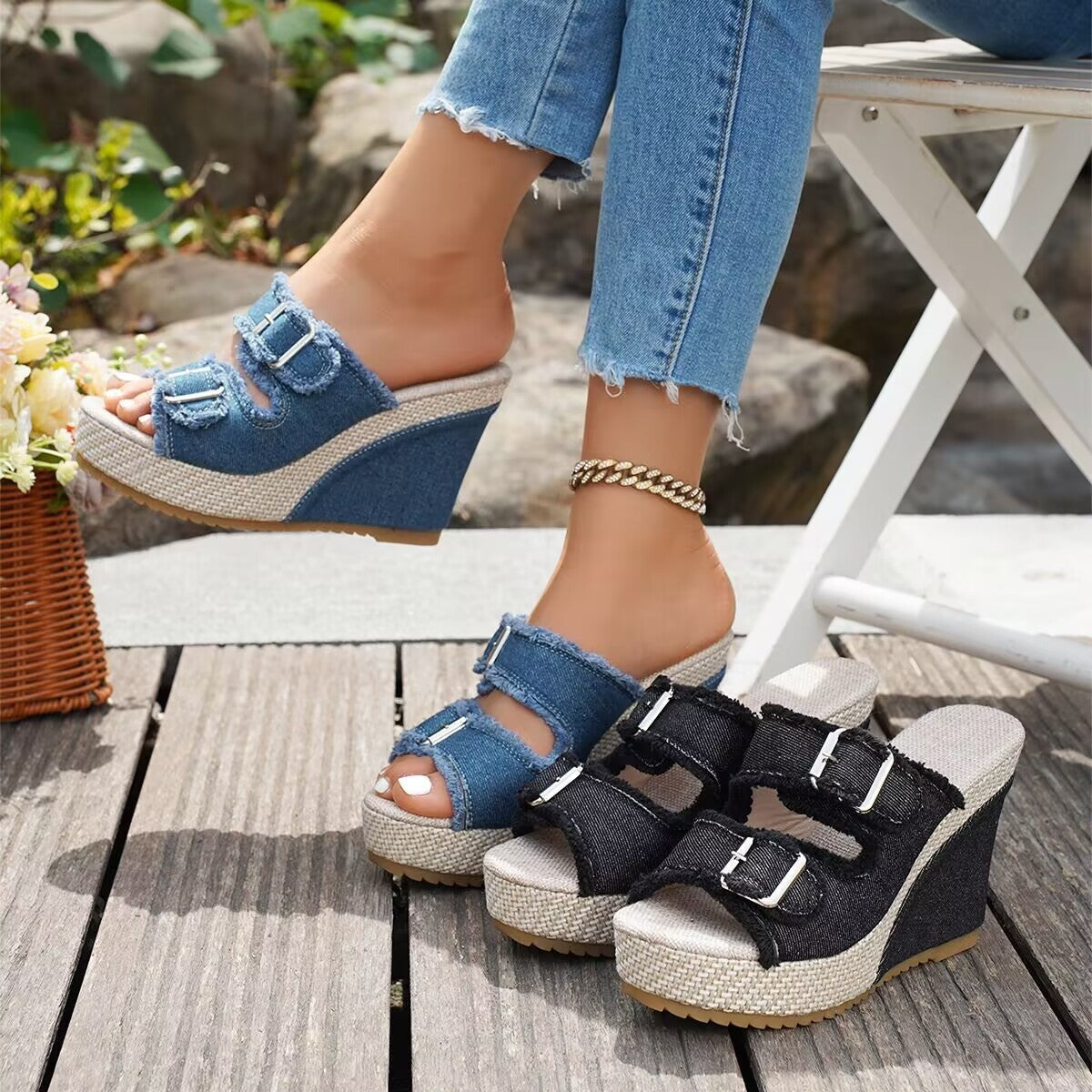 Miriam | Sandalias de Cuña Mujer Hebilla Denim Plataforma