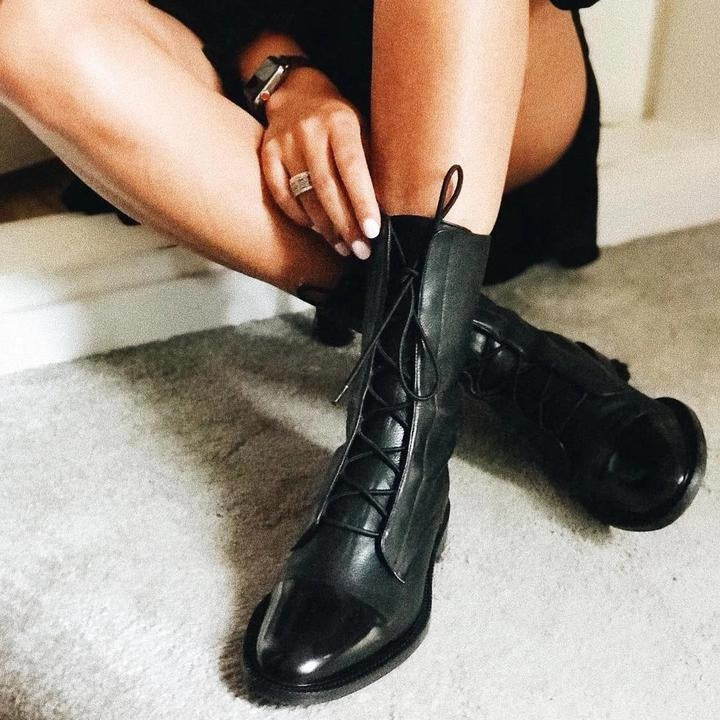 Rebeca | Botines de Piel con Cordones Mujer Planos Caña Media