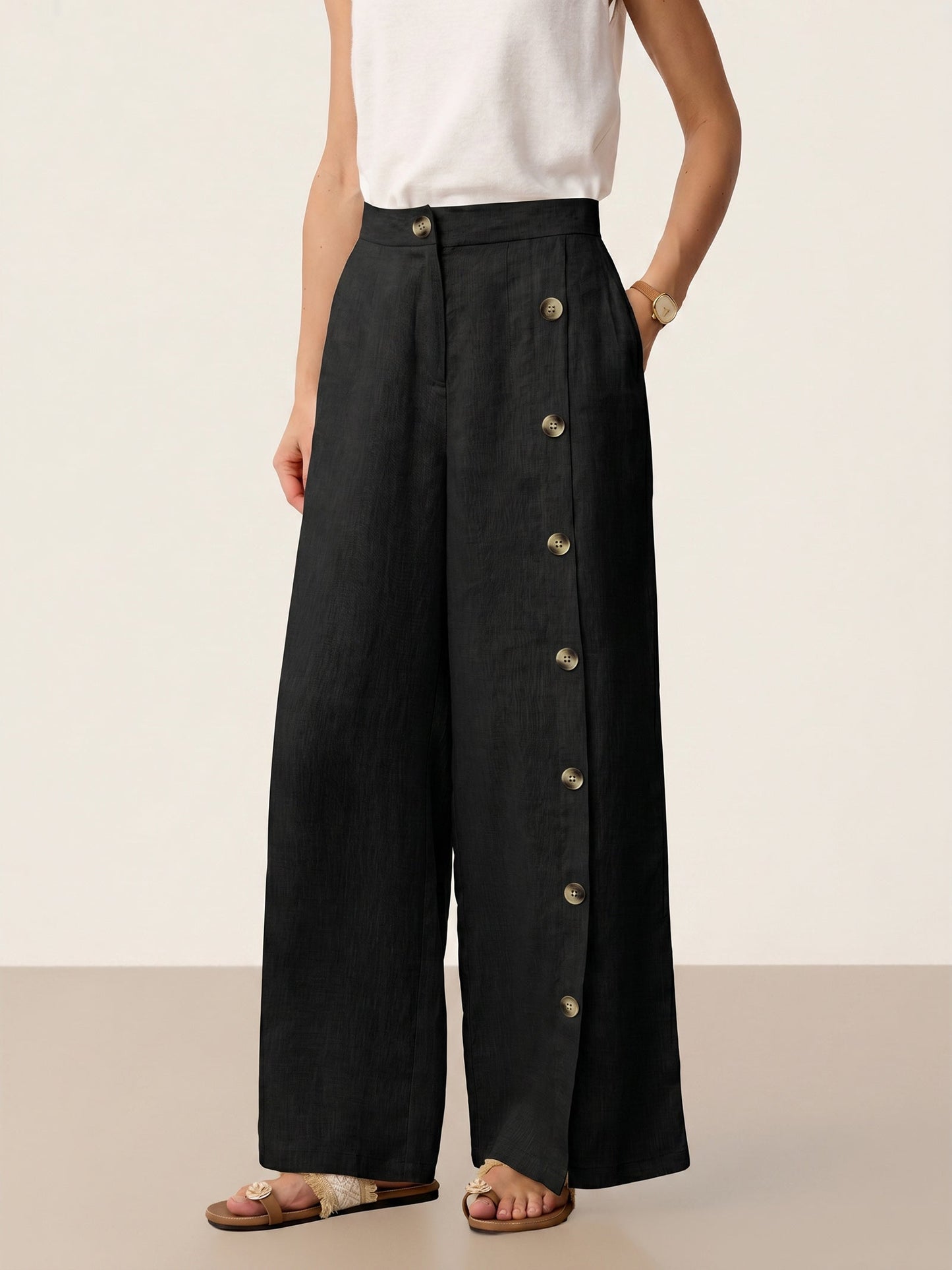 Pantalón Palazzo con Cierre de Botones Lateral