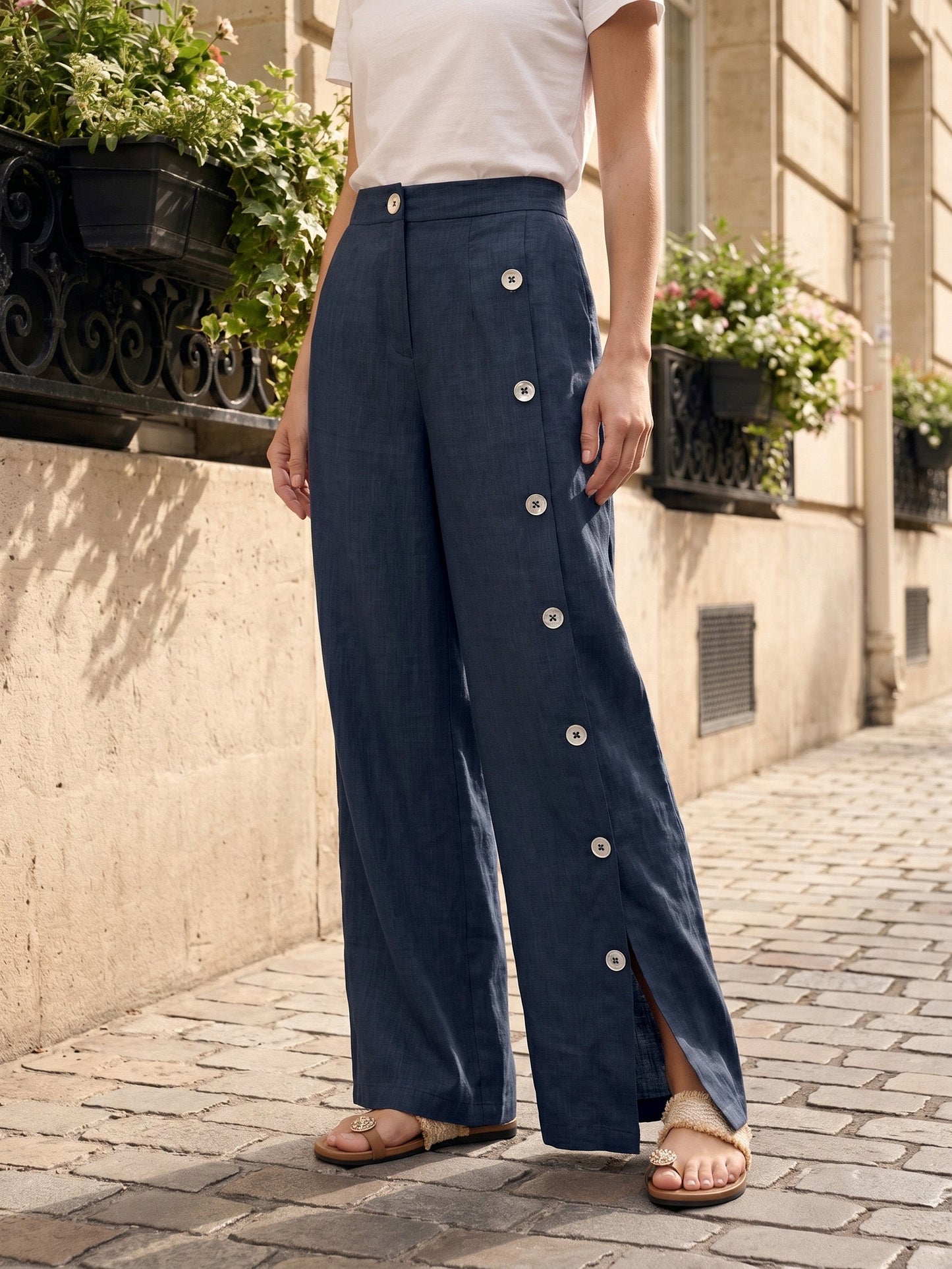 Pantalón Palazzo con Cierre de Botones Lateral