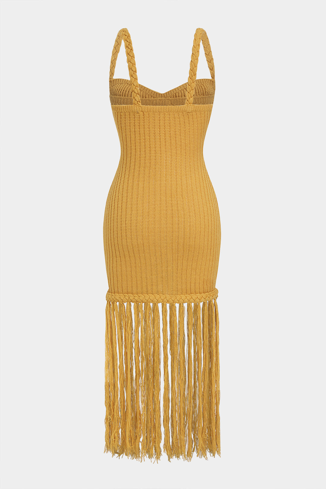 Vestido Ajustado Tejido con Tirantes Trenzados y Flecos