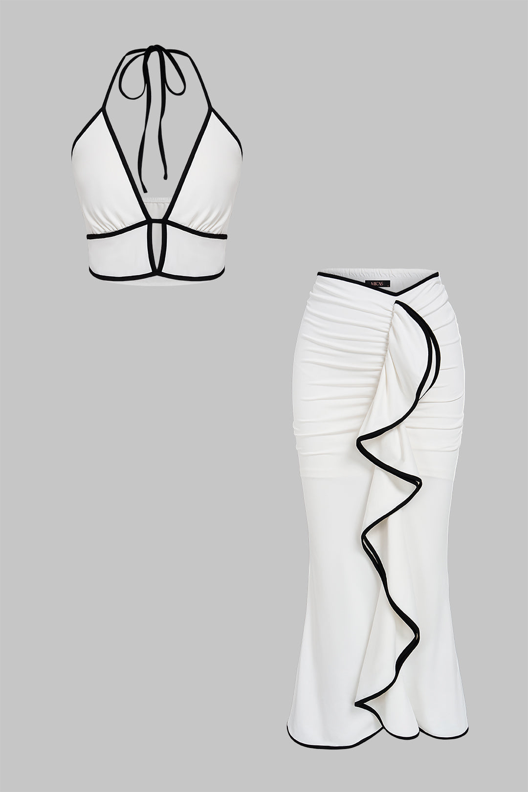 Conjunto Halter Cut-Out y Falda Sirena – Blanco y Negro