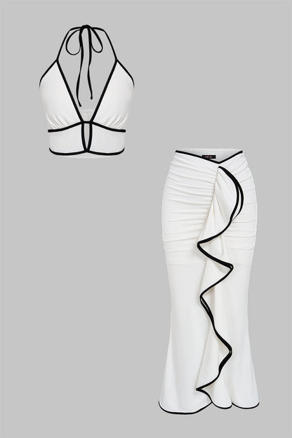 Conjunto Halter Cut-Out y Falda Sirena – Blanco y Negro