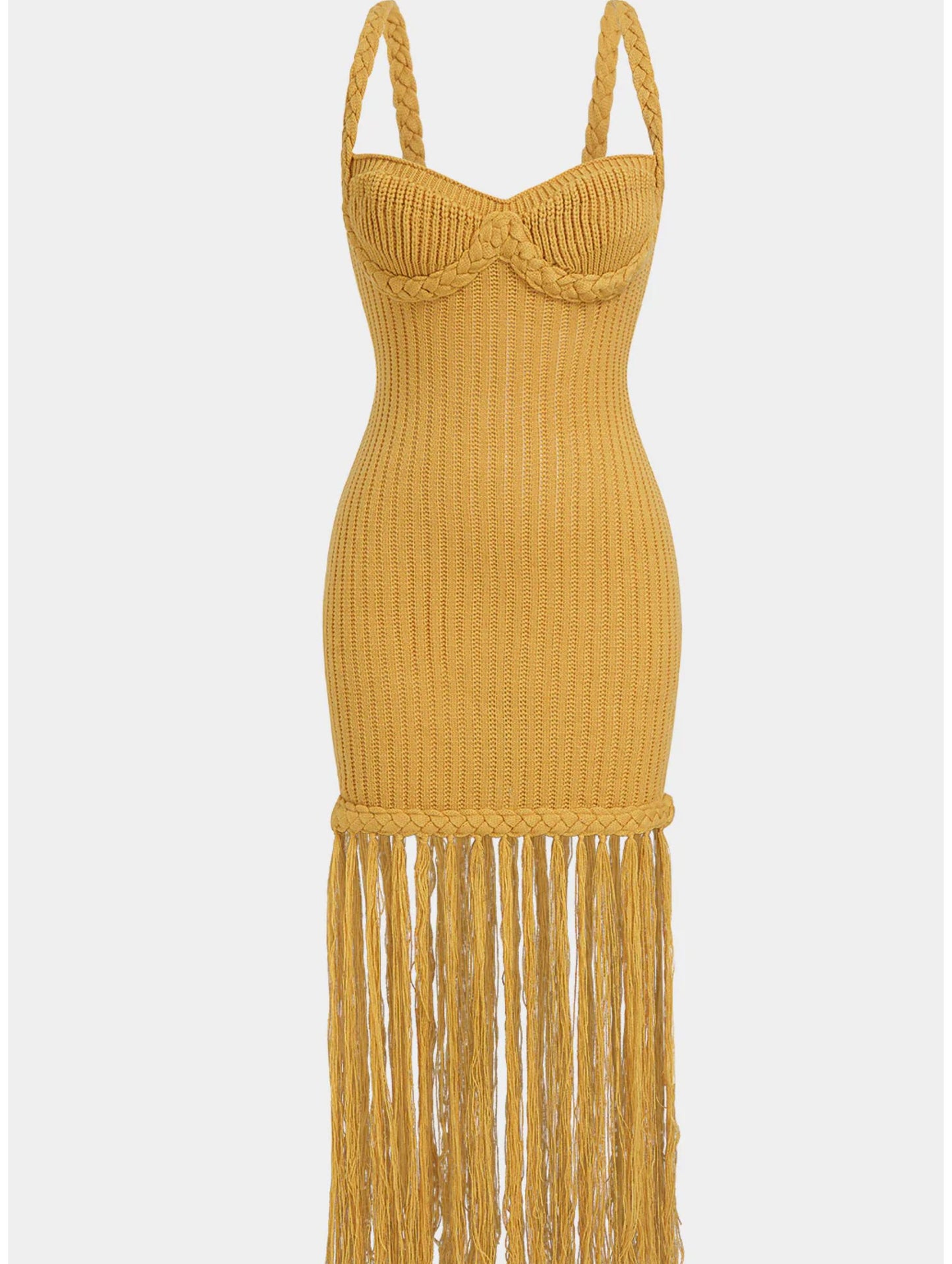 Vestido Ajustado Tejido con Tirantes Trenzados y Flecos