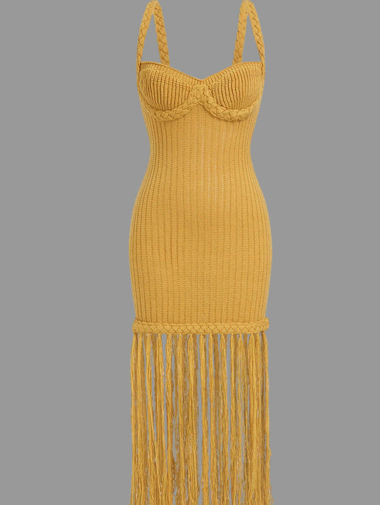 Vestido Ajustado Tejido con Tirantes Trenzados y Flecos