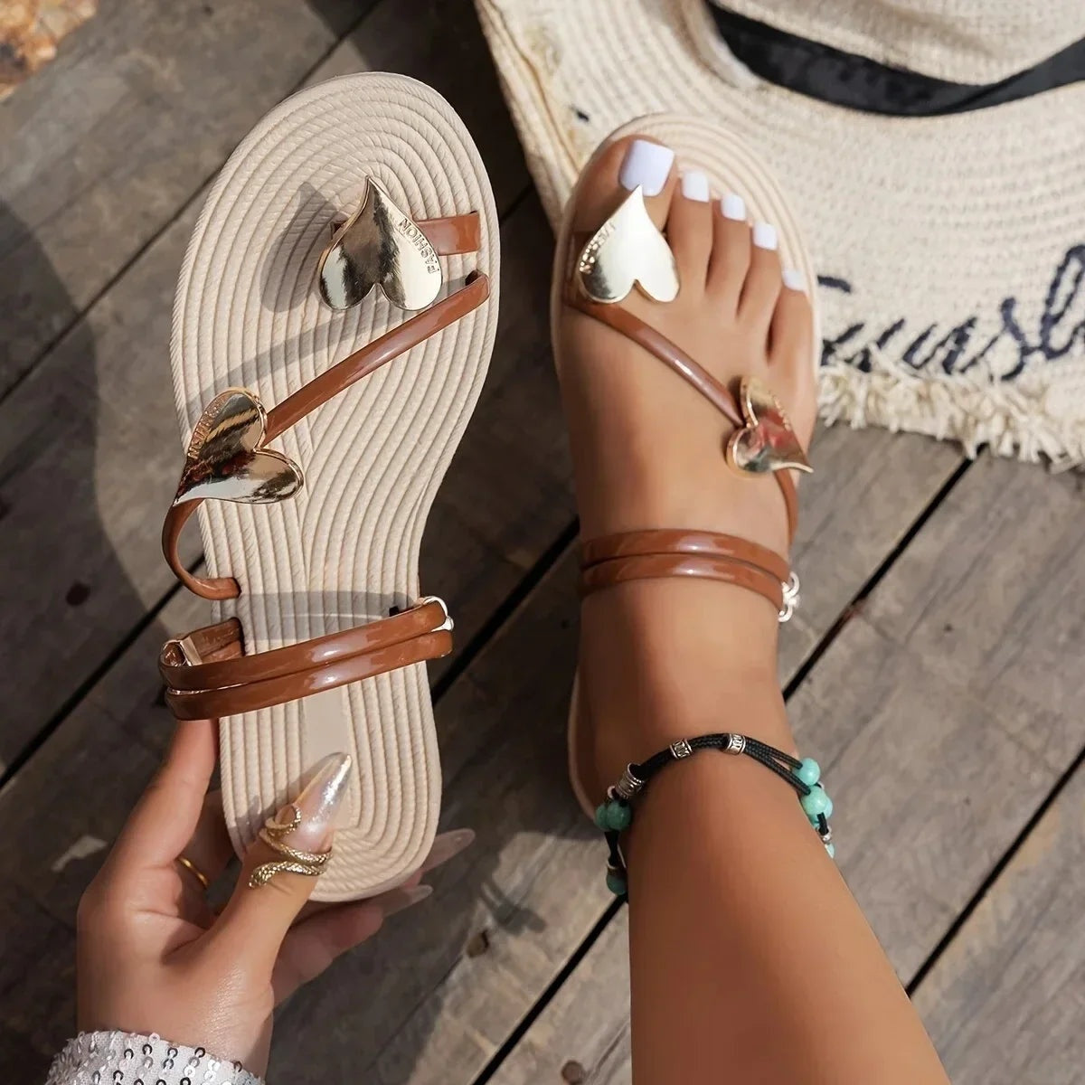 Abril | Flip Flops Planos con Corazones Mujer Tira Tobillo