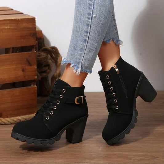 Candela | Botines con Cordones Mujer Tacón Bloque Hebilla