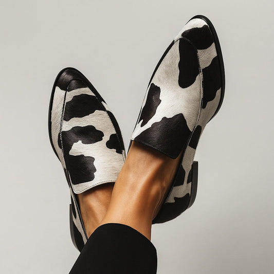 Candela | Mocasines Negros Estampado Animal Print Mujer Tacón Bloque