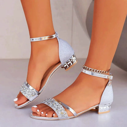 Celia | Sandalias de Tacón Bajo con Strass Mujer Correa Tobillo