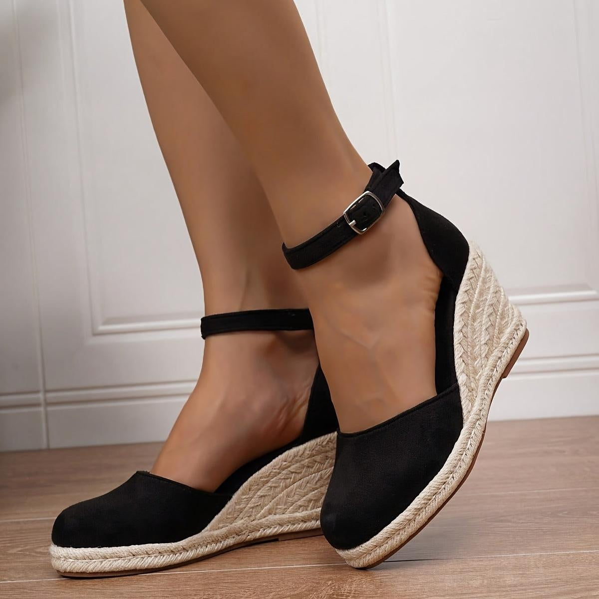 Concha | Sandalias de Cuña Plataforma Esparto Mujer Hebilla Tobillo