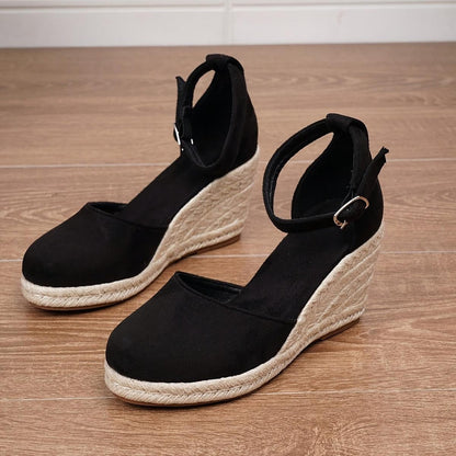 Concha | Sandalias de Cuña Plataforma Esparto Mujer Hebilla Tobillo