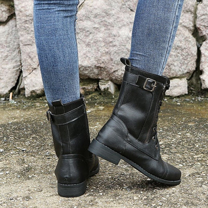 Consuelo | Botas Militares Planas Mujer con Cordones y Cremallera Lateral