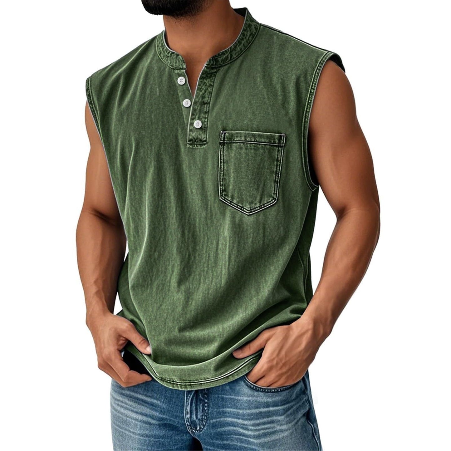 Camiseta Sin Mangas Efecto Denim con Bolsillo