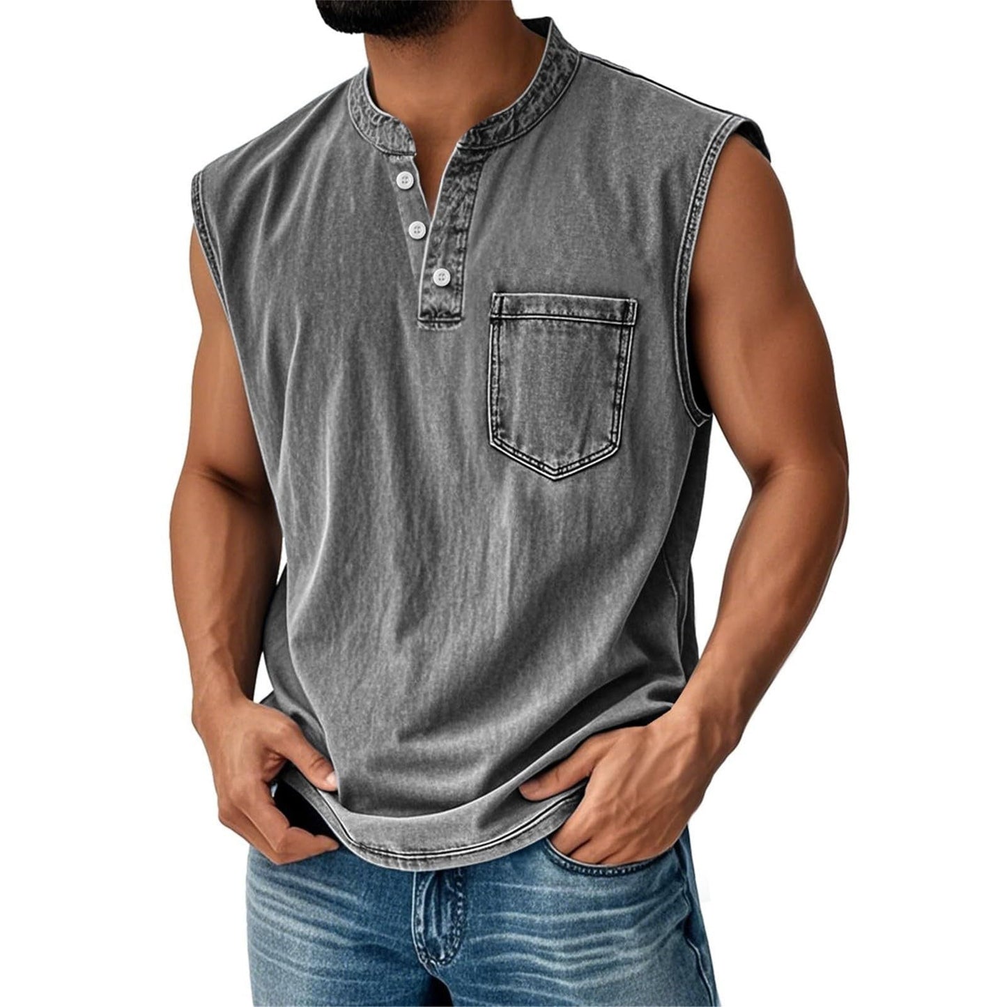 Camiseta Sin Mangas Efecto Denim con Bolsillo