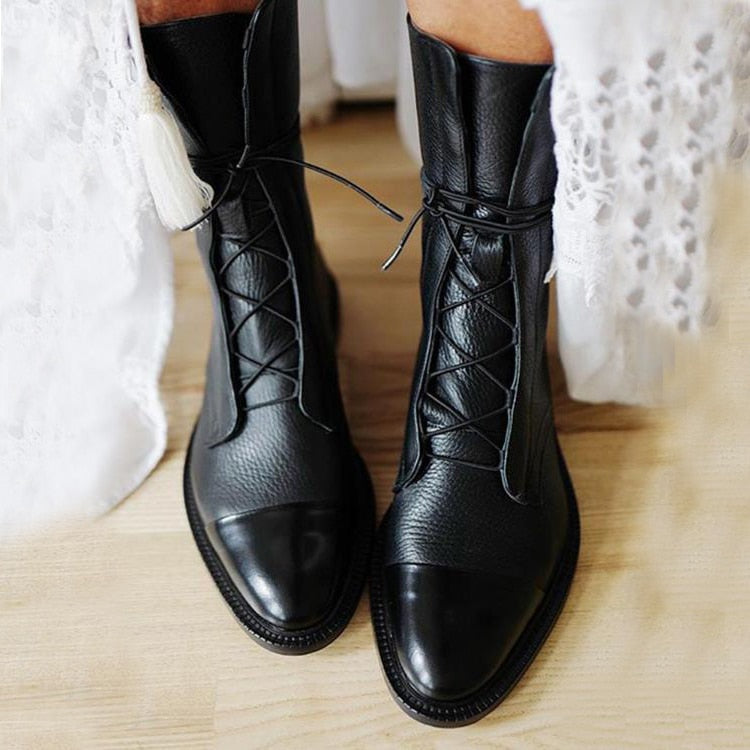 Jimena | Botas Planas de Piel con Cordones Mujer Caña Media