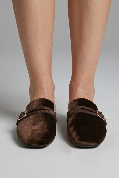 Laia | Mules de Terciopelo Punta Cuadrada Mujer Hebilla