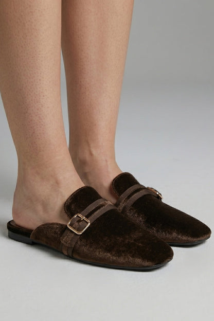Laia | Mules de Terciopelo Punta Cuadrada Mujer Hebilla