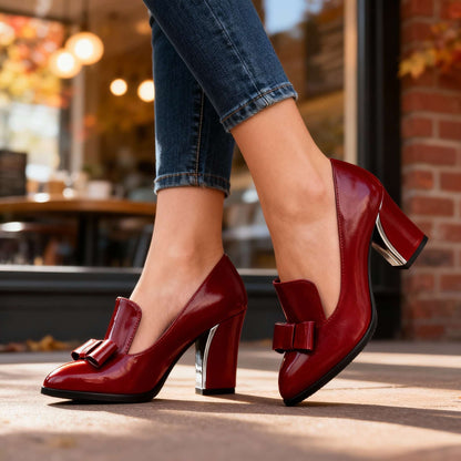 Lidia | Zapatos de Tacón Bloque con Lazo Mujer Punta Fina