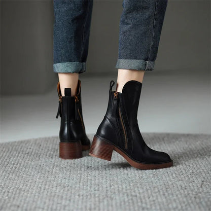 Lola | Botines de Piel con Tacón de Bloque Mujer Cremallera Lateral