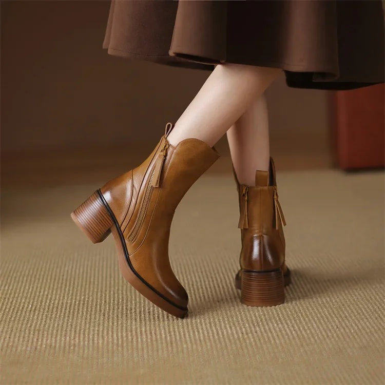 Lola | Botines de Piel con Tacón de Bloque Mujer Cremallera Lateral