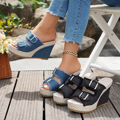 Miriam | Sandalias de Cuña Mujer Hebilla Denim Plataforma