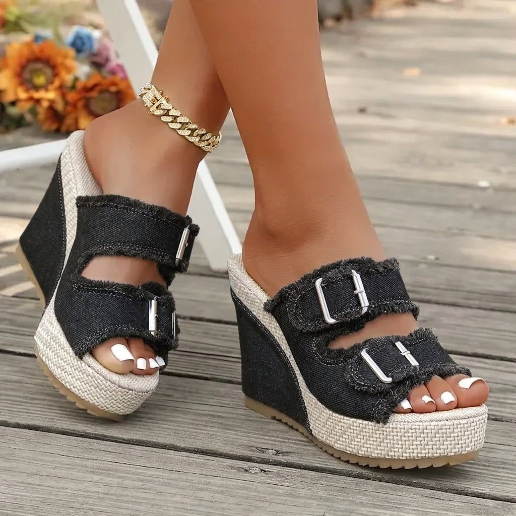 Miriam | Sandalias de Cuña Mujer Hebilla Denim Plataforma