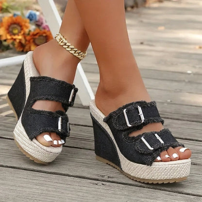 Miriam | Sandalias de Cuña Mujer Hebilla Denim Plataforma