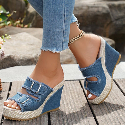 Miriam | Sandalias de Cuña Mujer Hebilla Denim Plataforma