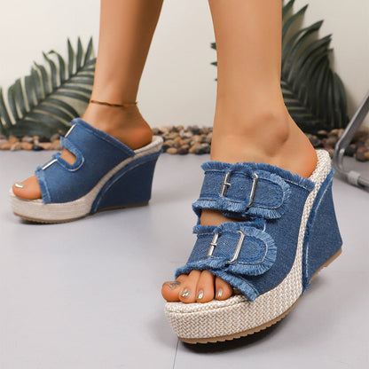 Miriam | Sandalias de Cuña Mujer Hebilla Denim Plataforma