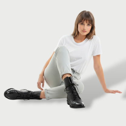 Mónica | Botas Militares de Piel Planas Mujer Cordones Caña Media