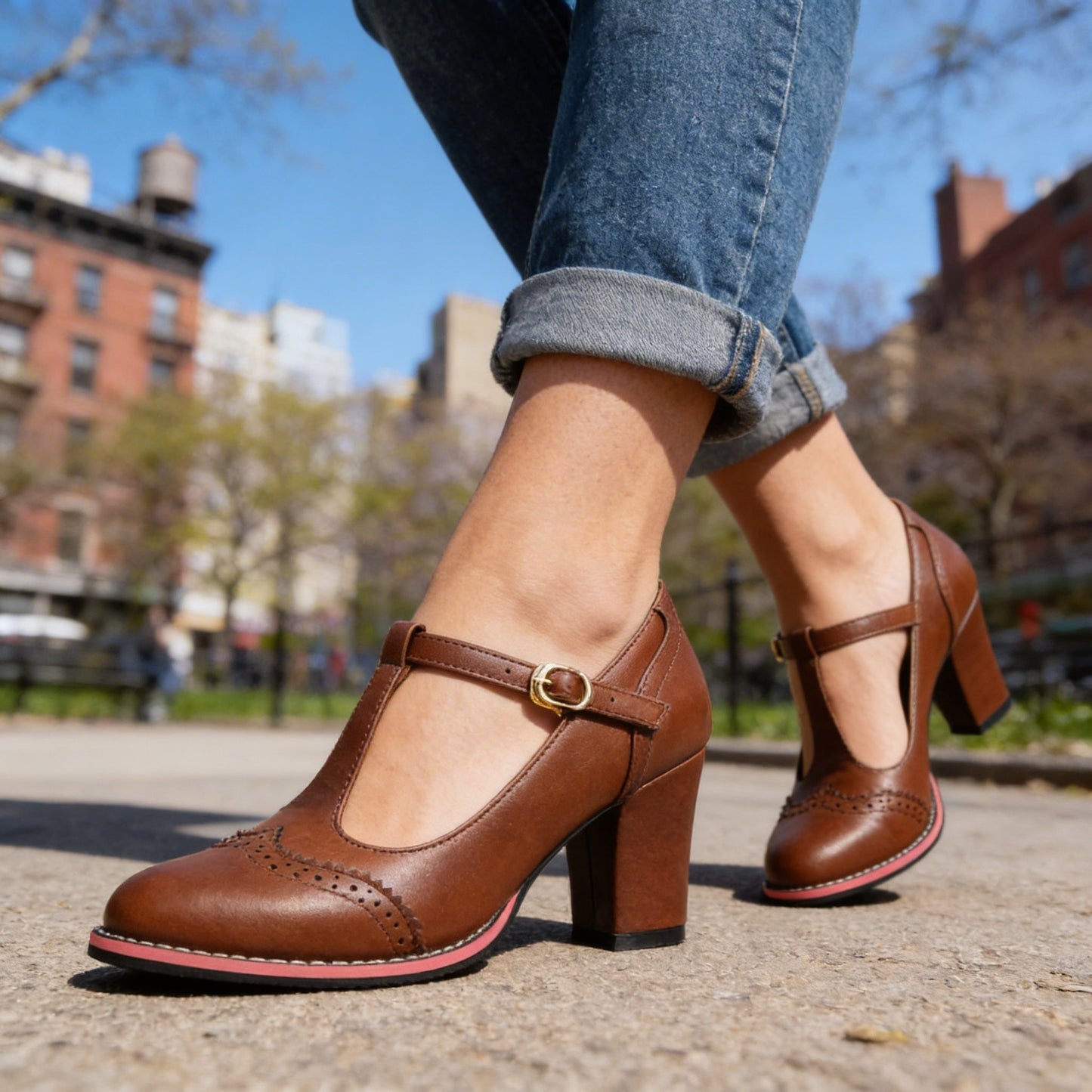 Mónica | Zapatos Mary Jane de Tacón Bloque Mujer Correa T Brogue