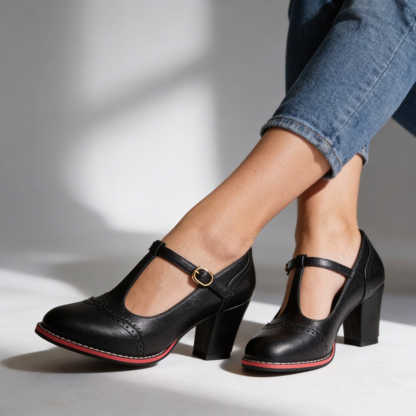 Mónica | Zapatos Mary Jane de Tacón Bloque Mujer Correa T Brogue