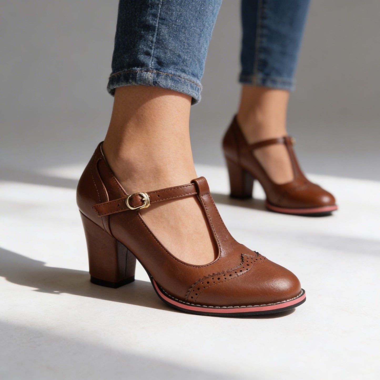 Mónica | Zapatos Mary Jane de Tacón Bloque Mujer Correa T Brogue