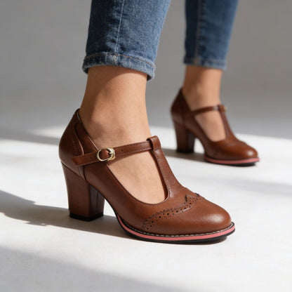 Mónica | Zapatos Mary Jane de Tacón Bloque Mujer Correa T Brogue