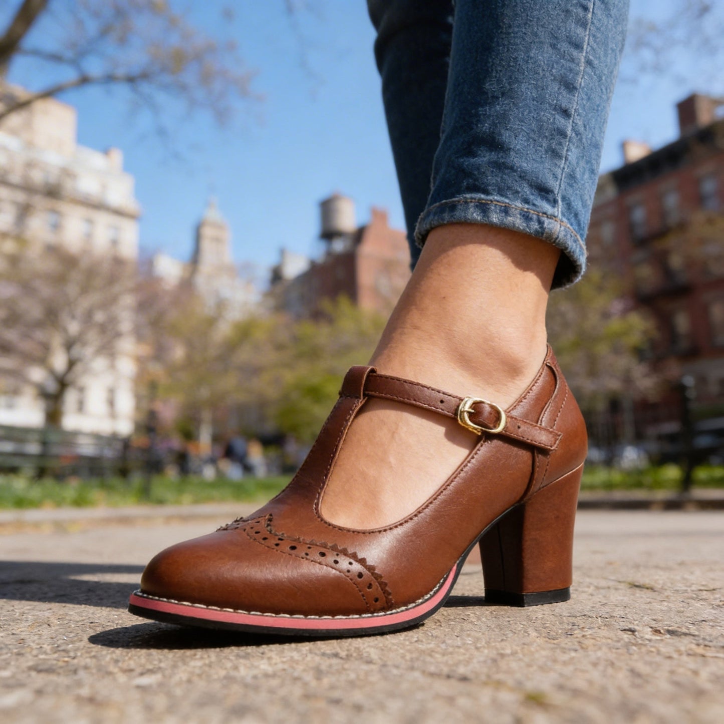 Mónica | Zapatos Mary Jane de Tacón Bloque Mujer Correa T Brogue