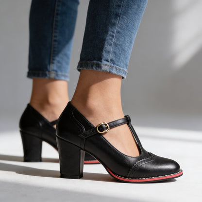 Mónica | Zapatos Mary Jane de Tacón Bloque Mujer Correa T Brogue