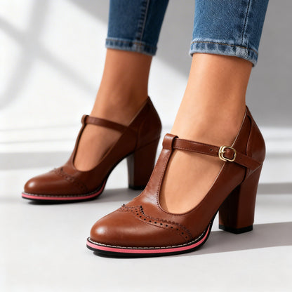 Mónica | Zapatos Mary Jane de Tacón Bloque Mujer Correa T Brogue