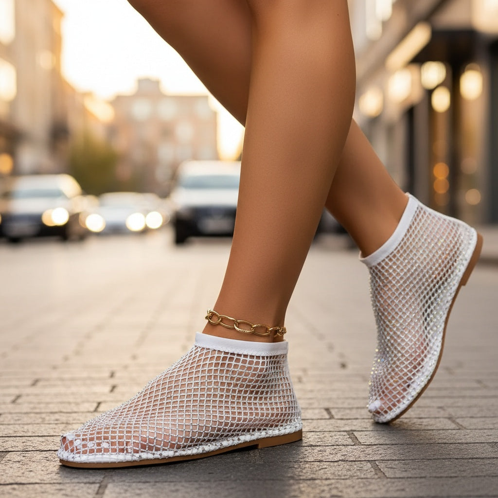 Paloma | Zapatos Planos de Malla con Strass Mujer Correa Empeine