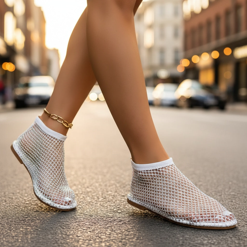 Paloma | Zapatos Planos de Malla con Strass Mujer Correa Empeine