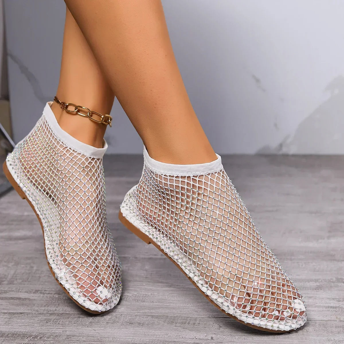Paloma | Zapatos Planos de Malla con Strass Mujer Correa Empeine