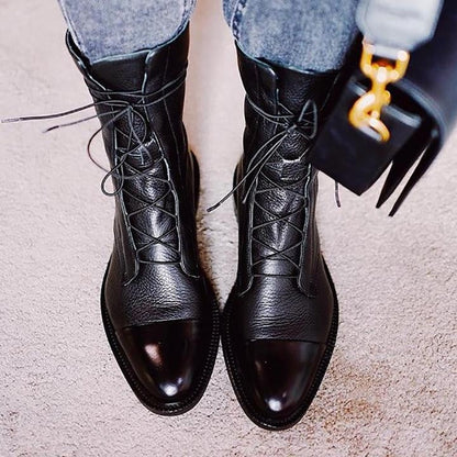 Rebeca | Botines de Piel con Cordones Mujer Planos Caña Media