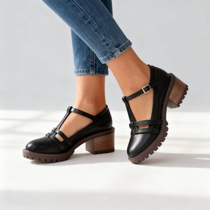 Rocío | Zapatos de Tacón Bloque T-Strap Mujer Suela Gruesa