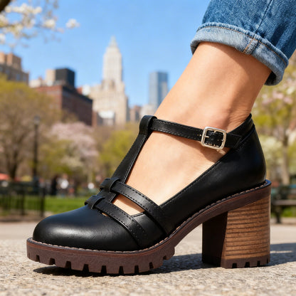 Rocío | Zapatos de Tacón Bloque T-Strap Mujer Suela Gruesa