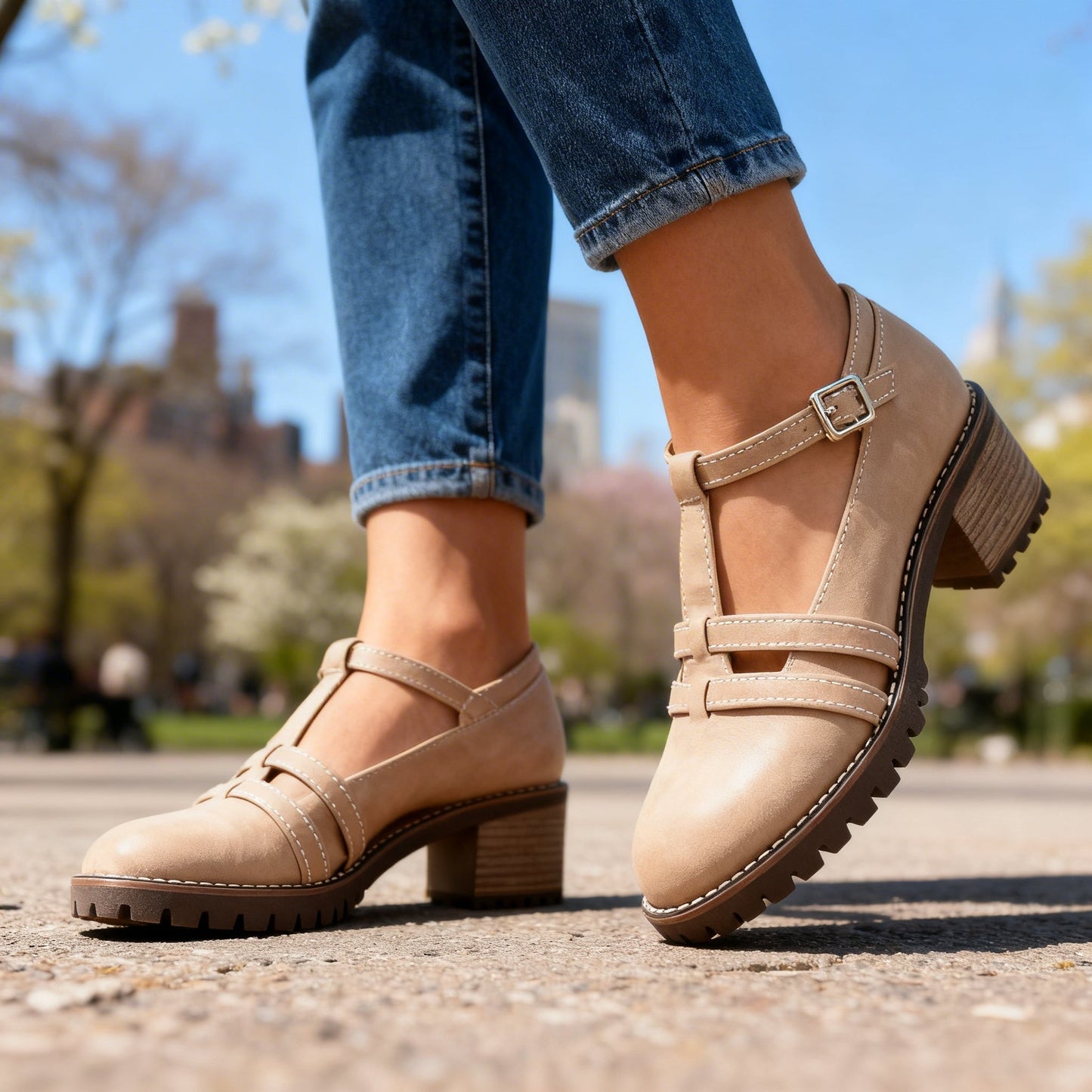 Rocío | Zapatos de Tacón Bloque T-Strap Mujer Suela Gruesa