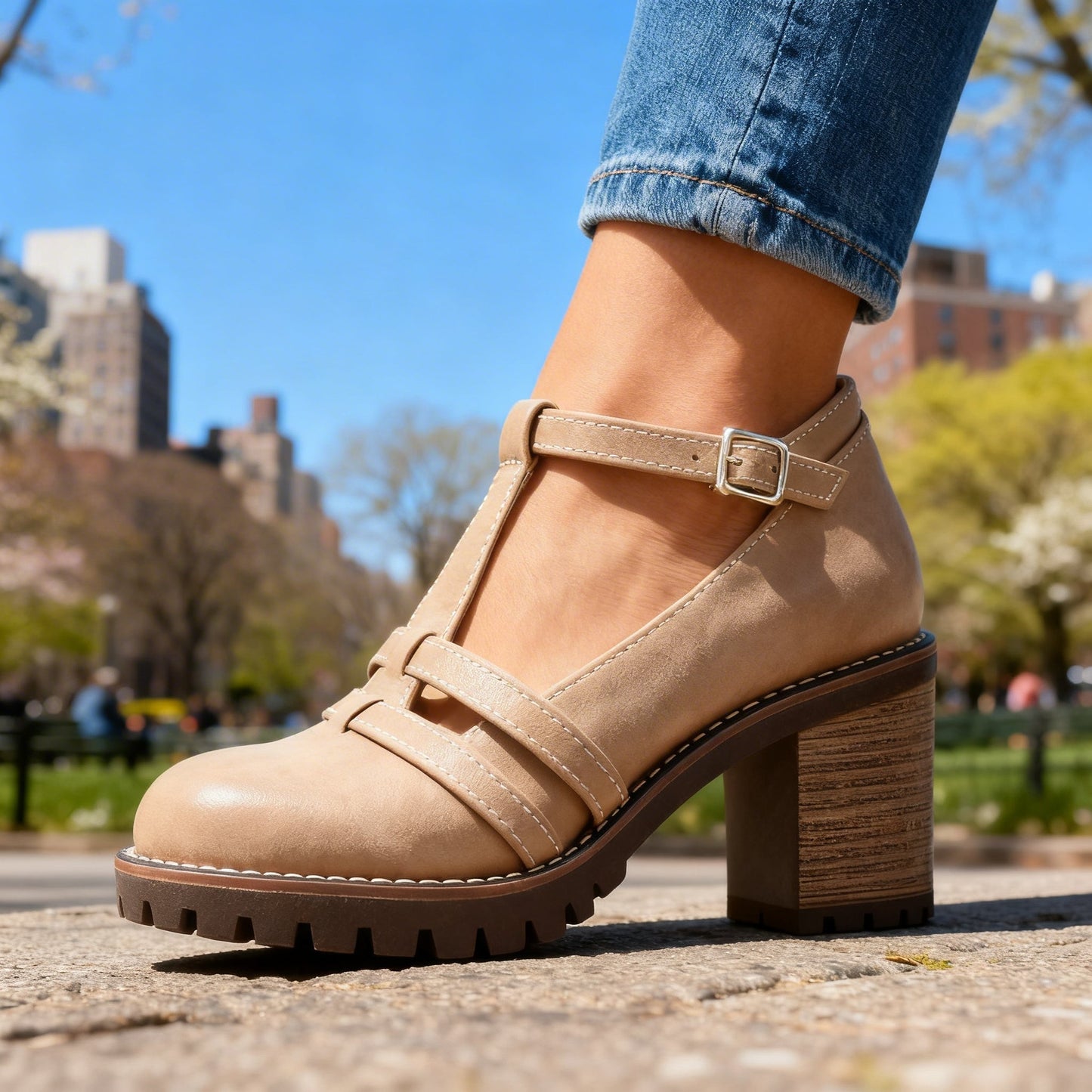 Rocío | Zapatos de Tacón Bloque T-Strap Mujer Suela Gruesa