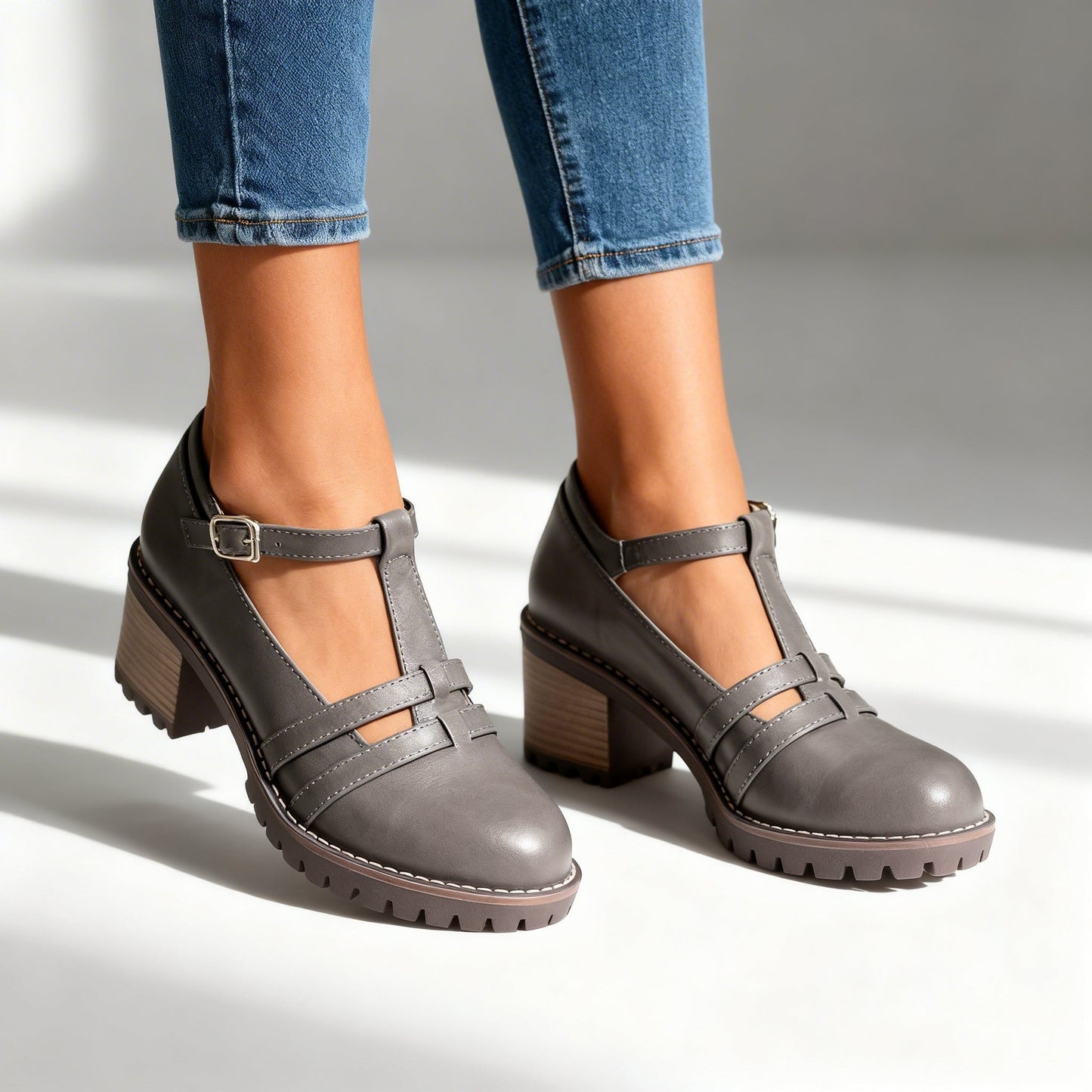 Rocío | Zapatos de Tacón Bloque T-Strap Mujer Suela Gruesa