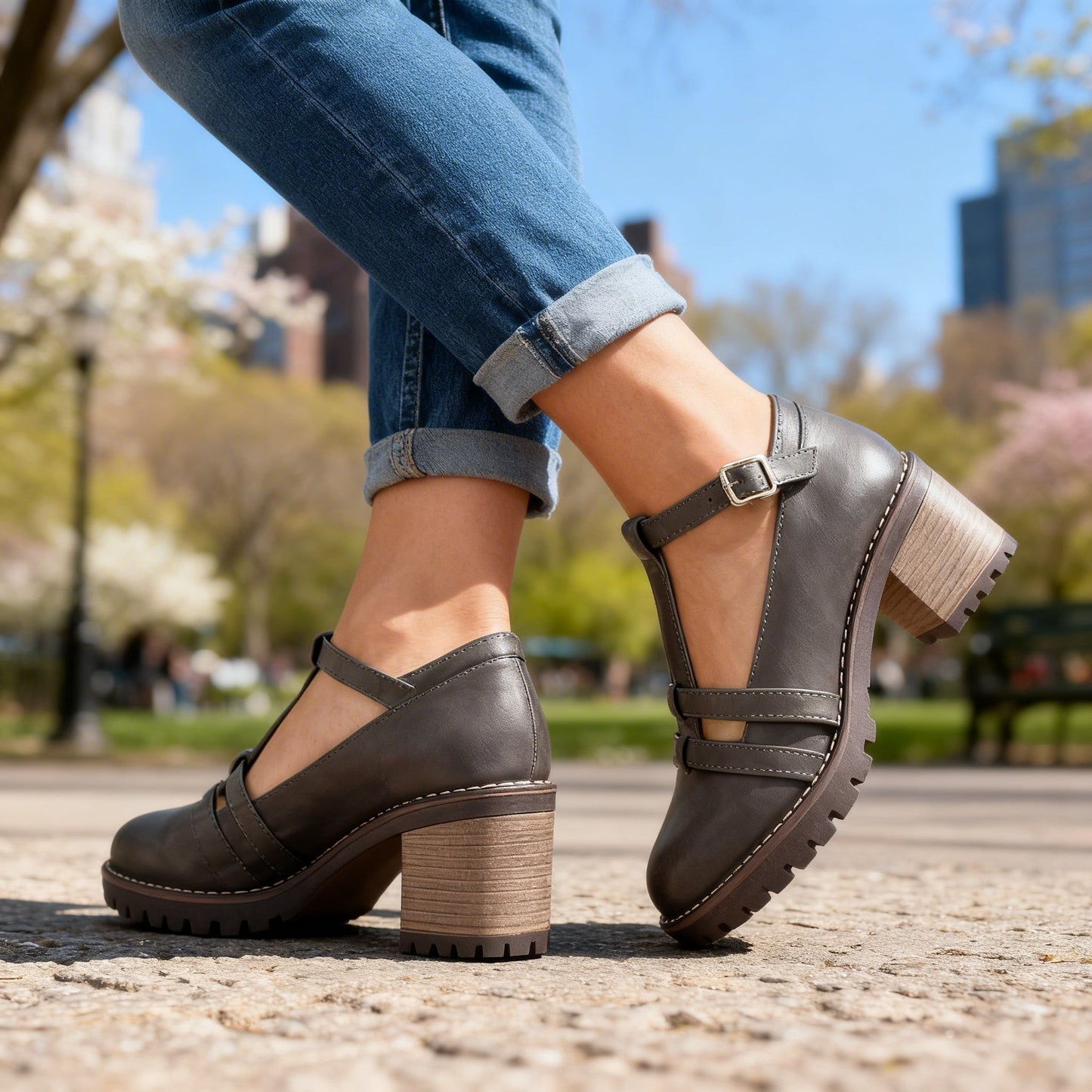 Rocío | Zapatos de Tacón Bloque T-Strap Mujer Suela Gruesa
